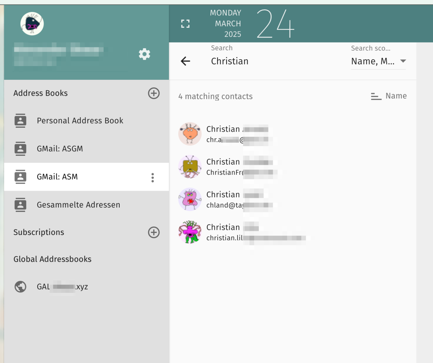 searching address book for Christian